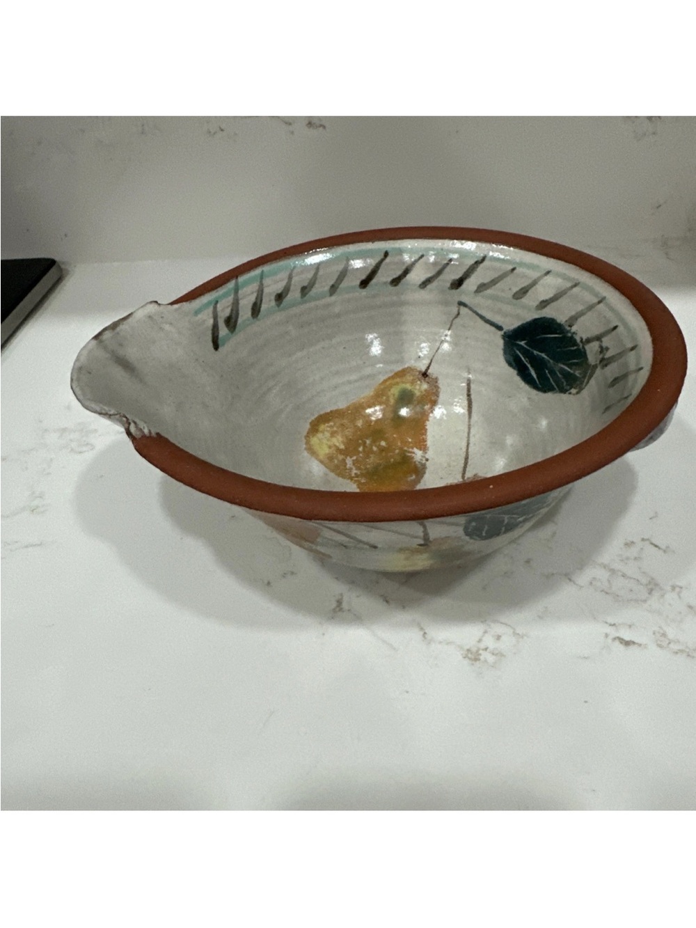 Hand Thrown Art Studio Stoneware Pottery Bowl W/ Pinched Pour Spout Signed Pears